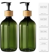 KASUNTING Green Soap Dispenser, Plastic Bathroom Soap and Lotion Dispenser Set with Bamboo Pump, ...