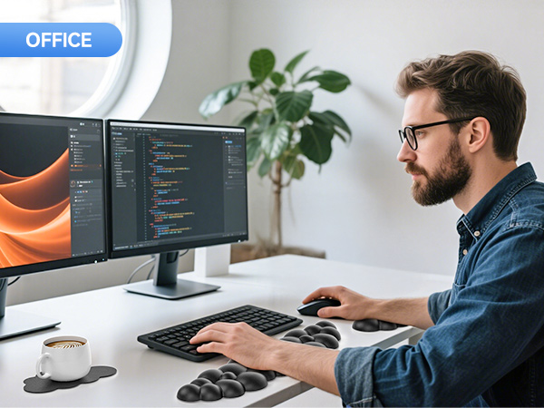 Developer workspace with curved monitor displaying code, keyboard, mouse, and coffee cup. Potted plant in background. Person typing at desk.