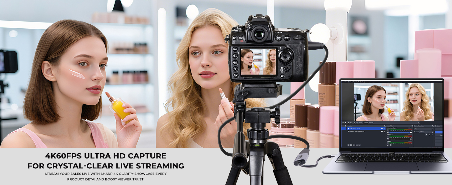 Text reads 'ADAPTING ULTRA HD CAPTURE FOR CRYSTAL-CLEAR LIVE STREAMING'. Professional camera setup showing LCD display and recording setup for streaming content.