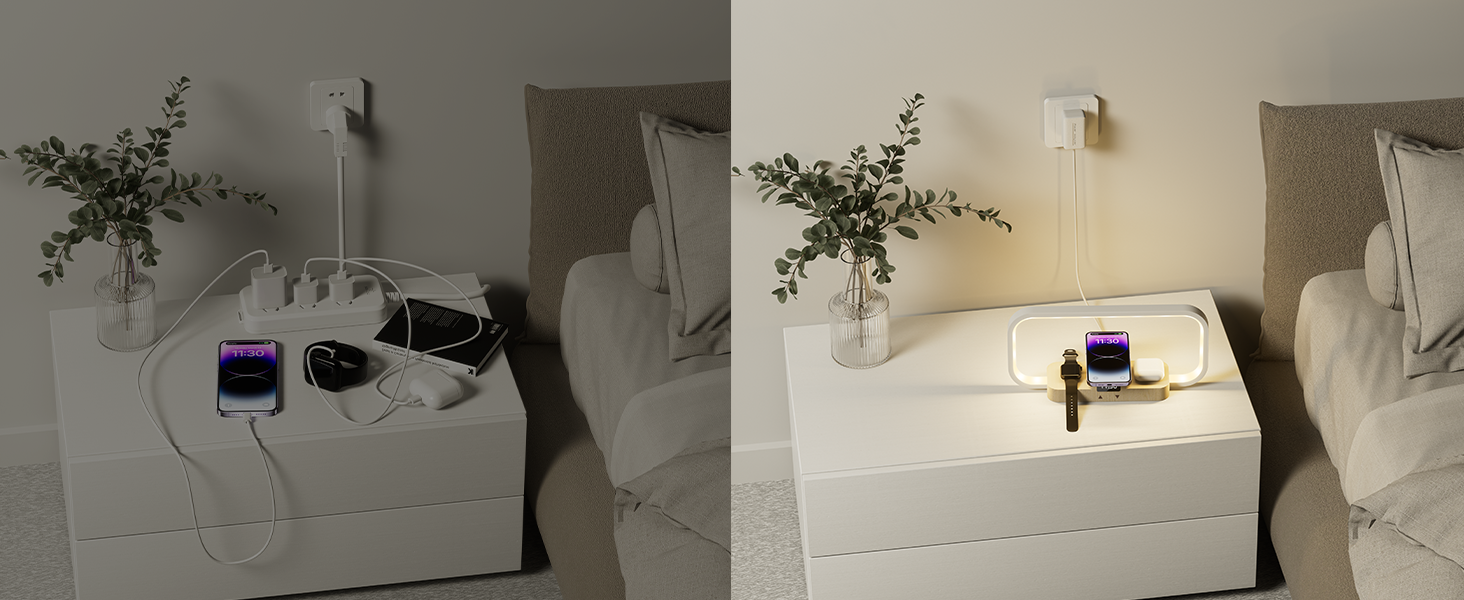 Two side-by-side comparison photos showing a bedside phone charging setup at night, with purple-lit charging device on white surface.