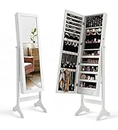 Antok Full Length Jewelry Cabinet with Mirror &amp; Large Storage - 63" Standing Lockable Armoire Org...