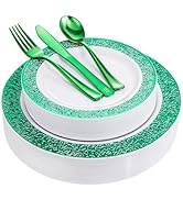 U-QE 150PCS Green Plastic Plates with Plastic Silverware, Green Disposable Plates for 30 Guests I...