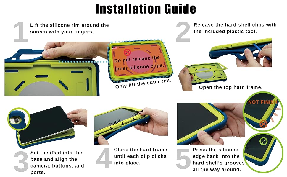 Step-by-step guide showing how to install the iPad case with silicone and hard shell layers