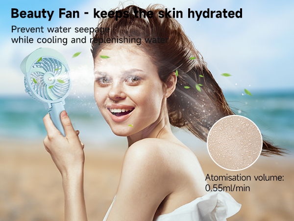 Handheld beauty fan for skin hydration. Blue device sprays mist while cooling. Text mentions preventing water seepage and 0.55ml/min atomization volume.
