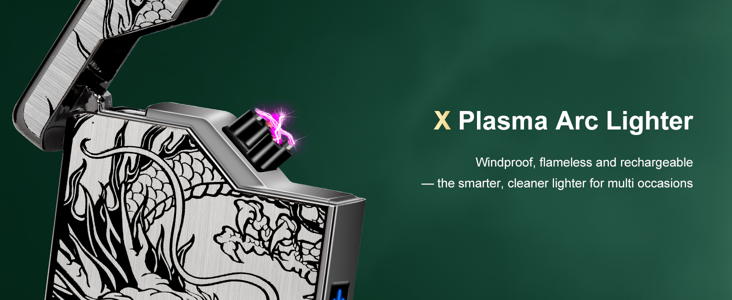 Text reads 'X Plasma Arc Lighter'. Dark green promotional banner with artistic black and white illustrations and text about waterproof features.