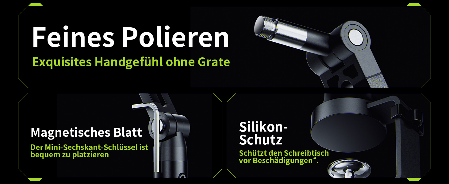 Close-up of a polishing tool with magnetic plate and silicone protection. German text describes fine polishing capabilities and hand-feel without burrs.