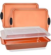 Baking Sheet 4 Piece Set Nonstick Copper Carbon Steel Oven Bakeware Kitchen Set with Silicone Gri...