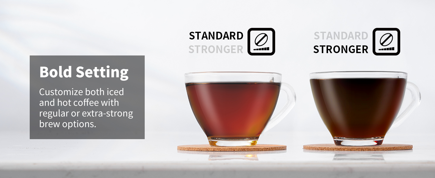 Adjustable coffee strength for iced and hot brews with bold setting