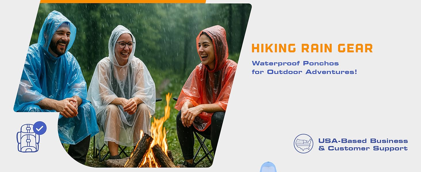 Friends in ponchos by a campfire in the rain