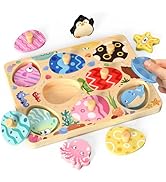 Zeoddler Wooden Puzzles for Toddlers, 8 Pcs Sea Animal Matching Egg Puzzle, Montessori Toys for B...