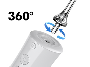 Cylindrical white device with 360-degree rotation capability, indicated by blue arrows. Appears to be an electronic personal care product.