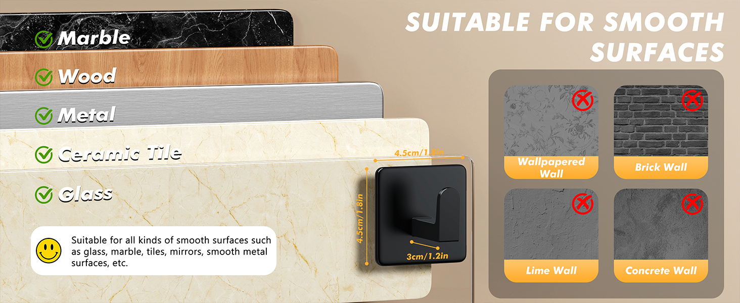 Adhesive hook suitable for smooth surfaces: marble, smooth wood, metal, ceramic tile, glass
