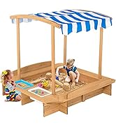 HONEY JOY Kids Sandbox with Canopy, Wooden Bottomless Sand Pit w/Liner, 2 Storage Bins and Stripe...
