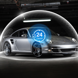 Silver luxury sports car under protective dome with glowing blue 24-hour service icon overlay.