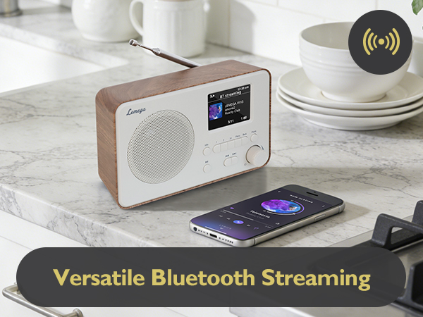 Text reads 'Versatile Bluetooth Streaming'. Same digital radio shown from slightly different angle on counter with stacked white plates in background.