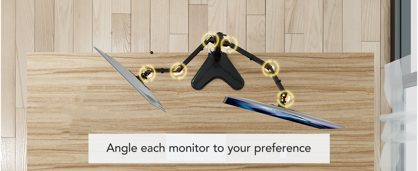 Top view: dual arms adjust at multiple joints to angle each monitor.