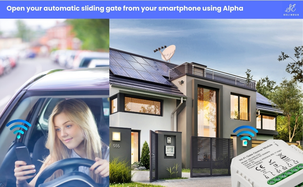 Split image showing automatic sliding gate system: car driver using smartphone app and modern house exterior with installed gate control system.