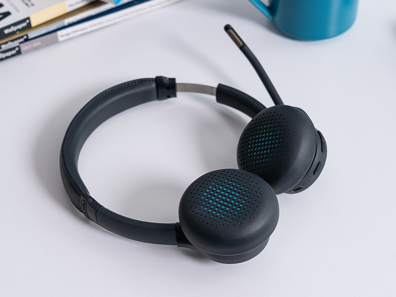 Close up of go work headset on a white desk