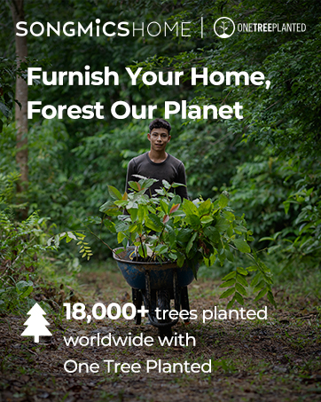 Songmics Home advertisement featuring a person holding plants in a forest. Text promotes furniture sales linked to tree planting, citing 18,000+ trees planted worldwide.