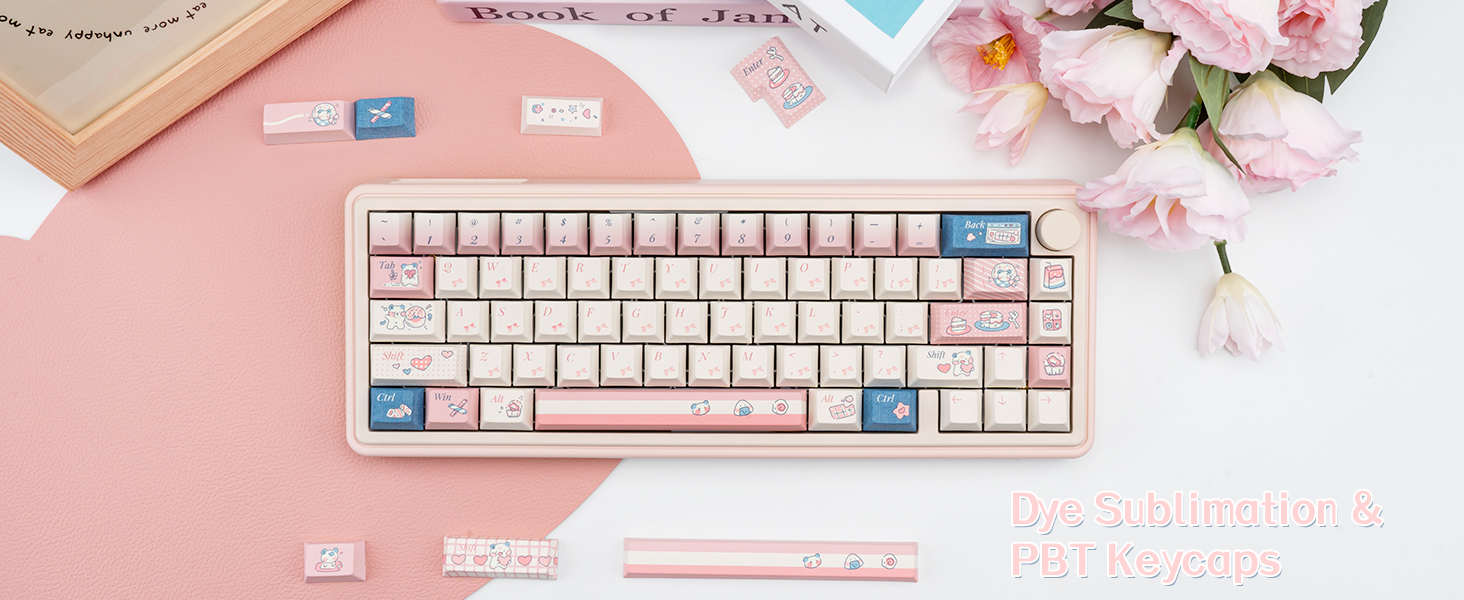 PBT Keycaps, Dye-Sub Cherry Profile Custom Keycaps, 150 Full Keys Cute Pink White Keycaps