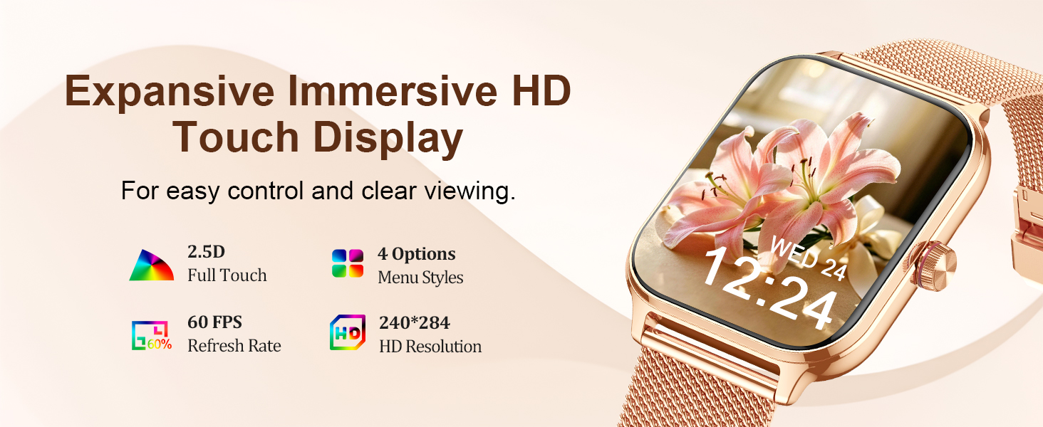 Text reads 'Expansive Immersive HD Touch Display' with specifications '2.47 inches' and '4 Buttons', '48fps' and '240*288'. Rose gold smartwatch with floral digital display face showing time and decorative elements.