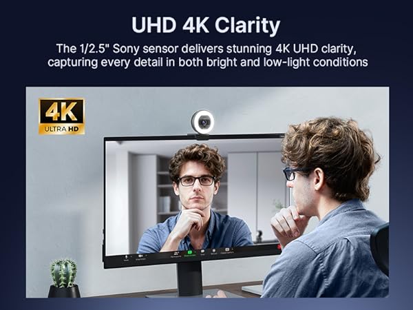 4K UHD webcam mounted on a monitor, capturing clearvideo during a video call