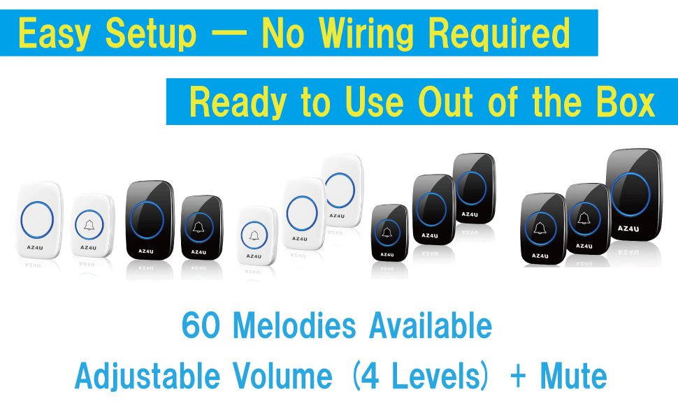 AZ4U wireless doorbell kit, easy wire-free setup, 60 chimes, 4 volume levels plus mute.