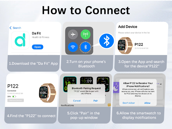 Text reads 'How to Connect'. Step-by-step mobile app connection instructions showing smartphone screens with Bluetooth pairing process and app interface elements.