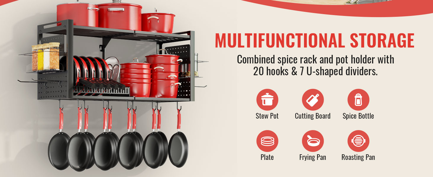 Combined spice rack and pot holder with 20 hooks &amp;amp;7 U-shaped dividers.