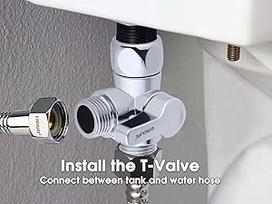 Install T valve adapter between toilet tank and water hose for bidet sprayer