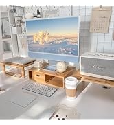 ROCDEER Dual Monitor Stand Riser with Drawer for Desk Laptop Desk Shelf with Adjustable Length an...