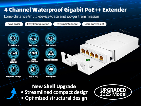 4 Channel Waterproof Gigabit PoE++Extender 