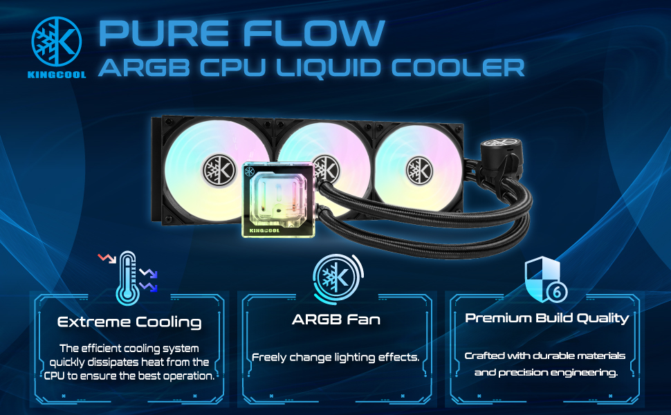 This is KINGCOOL Pure Flow ARGB CPU Liquid Cooler. It features extreme cooling with ARGB water block