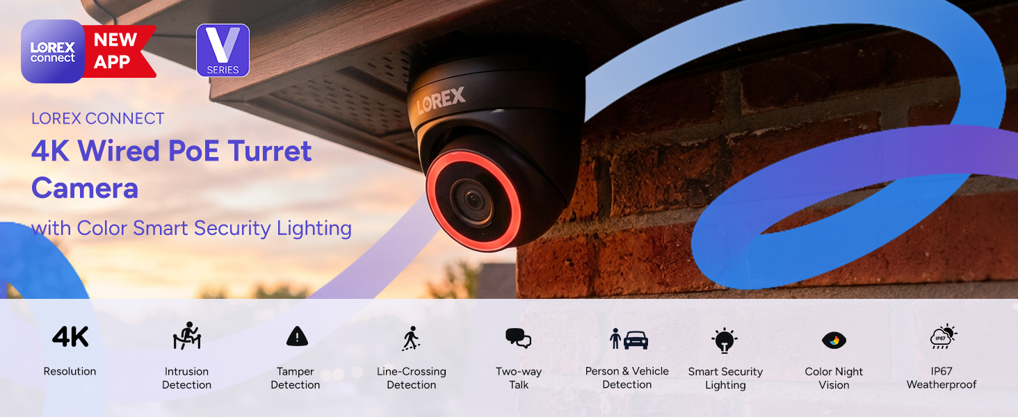 Lorex Connect V5 4K PoE Turret Cameras with Color Smart Security Lighting - Black