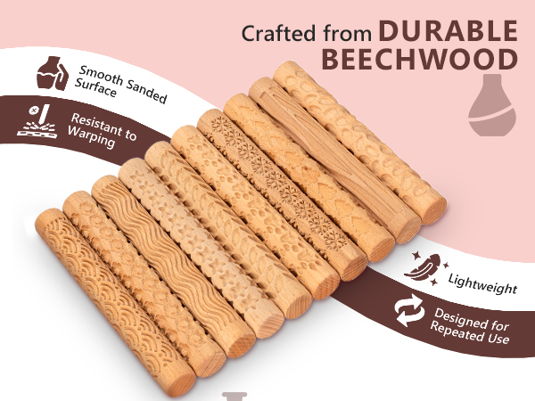 10 piece beech wooden clay and cookie pattern rollers