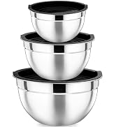P&amp;P CHEF Black Mixing Bowls with Lids, Set of 3, Stainless Steel Salad Nesting Bowl for Mixing, S...