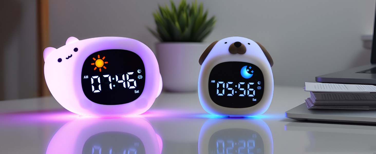 dinosaur dog cat bear owl alarm clock with night light