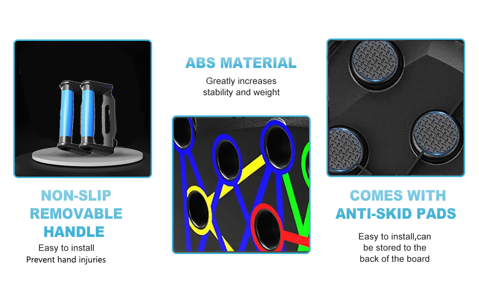 Exercise balance board with anti-skid pads, removable handle, and ABS material construction. Features colorful ring graphics and promotes stability and weight management.