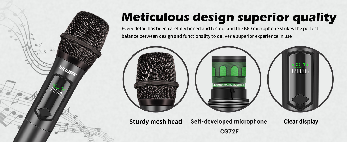 Professional handheld microphone with sturdy mesh head, self-developed microphone element, and clear digital display. Features black body with green accents and detailed product highlights.