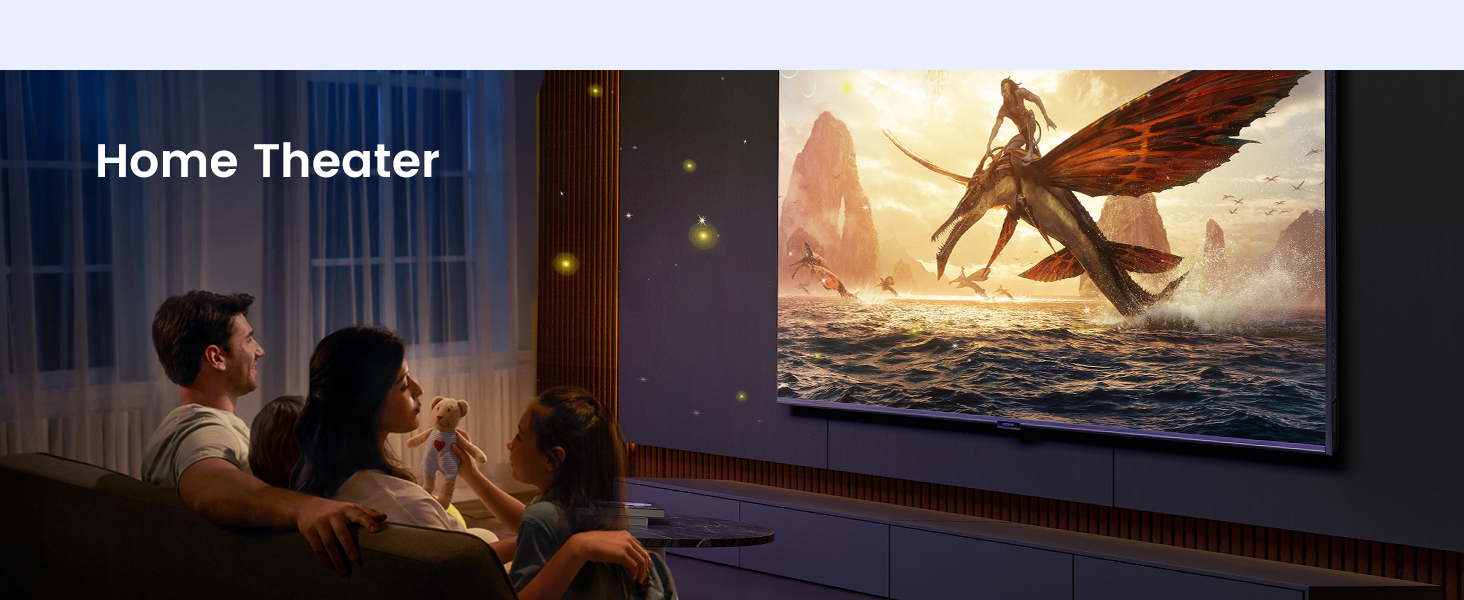 Large wall-mounted TV displaying fantasy scene with flying creature over ocean. Two people seated on couch watching, with 'Home Theater' text overlay.