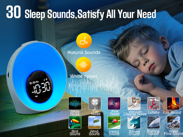 Text reads '30 Sleep Sounds Satisfy All Your Need'. Digital alarm clock display with nature sounds icons interface showing various sound options and blue ambient lighting.