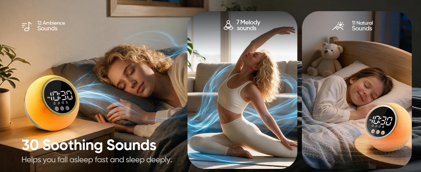 Text reads 'Soothing Sounds'. Product display showing white noise machine or sound device with three circular interface options and sleeping baby imagery demonstrating use.