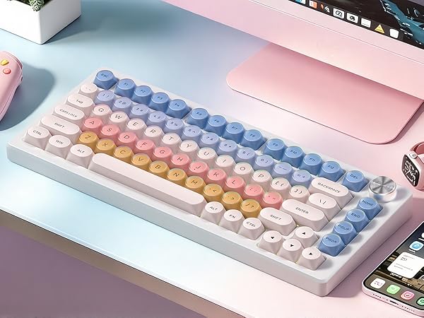 rainbow macaron color scheme keycaps with a jelly-like transparent layer