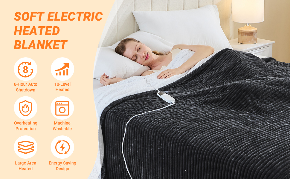 Text reads 'SOFT ELECTRIC HEATED BLANKET' with icons showing features. Dark ribbed blanket shown on bed with bedside lamp.