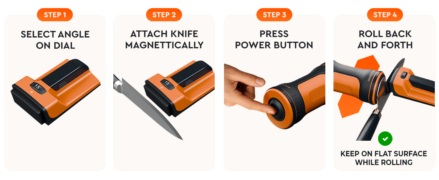 orange ninja electric rolling knife sharpener, easy use, multi-angle, durable design