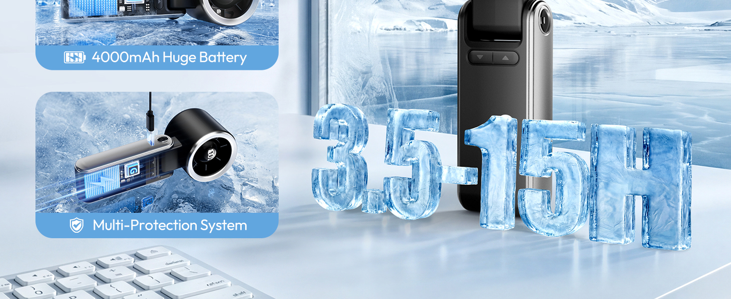 Text reads 'Multi-Protection System'. Product marketing image showing ice cubes and frost, demonstrating cooling or freezing technology with blue tinted environmental imagery.