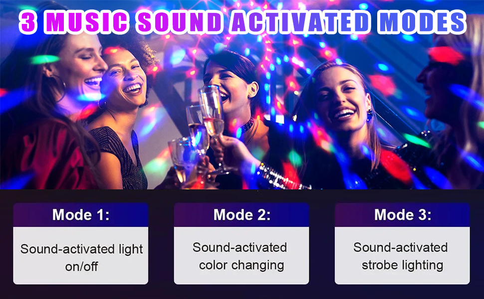 The disco ball strobe lamp offers 3 sound-activated modes
