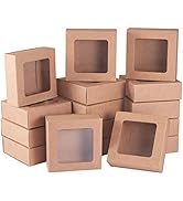 BENECREAT 20 Packs 3.5x3.5x1.2 Square Kraft Paper Gift Boxes Drawer Box with PVC Window Lid for B...