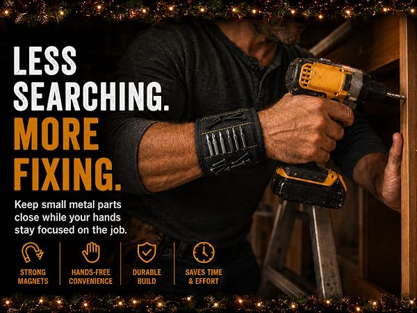 Handyman wearing a magnetic wristband while working with screws and a power drill on a ladder.