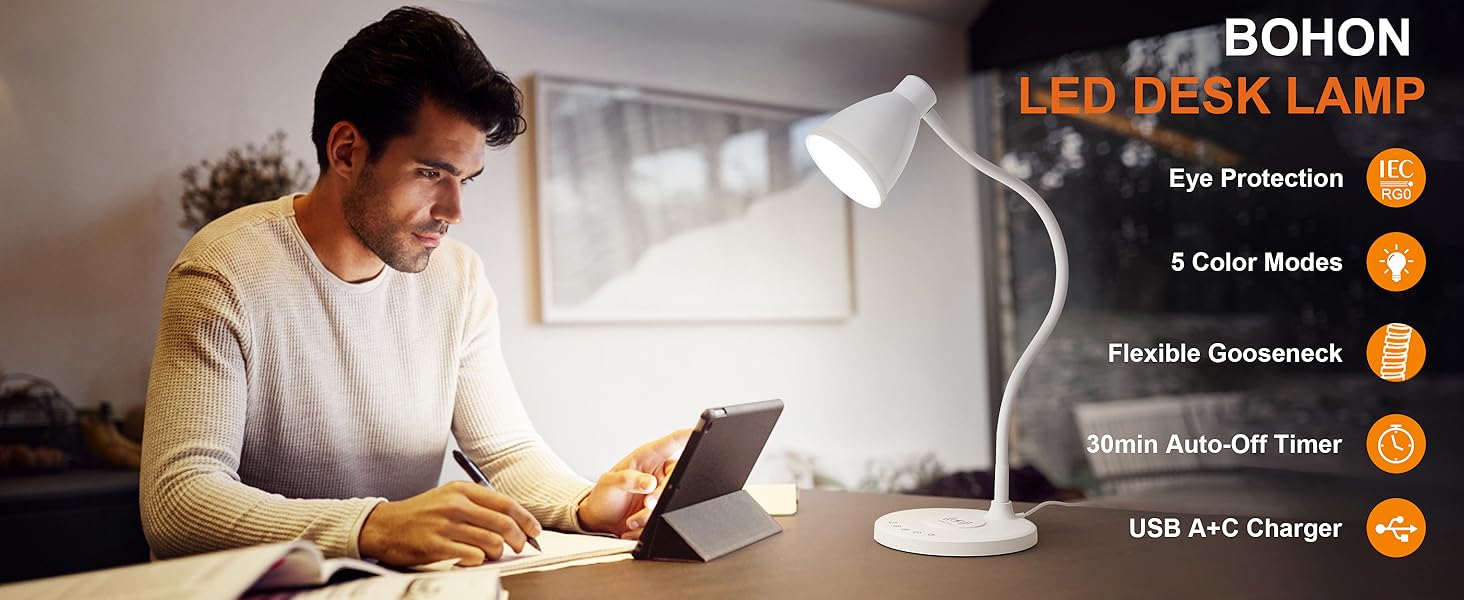 Desk Lamp for Home Office LED Desk Light USB Charging Ports Bedside Table Lamp for College Dorm Room